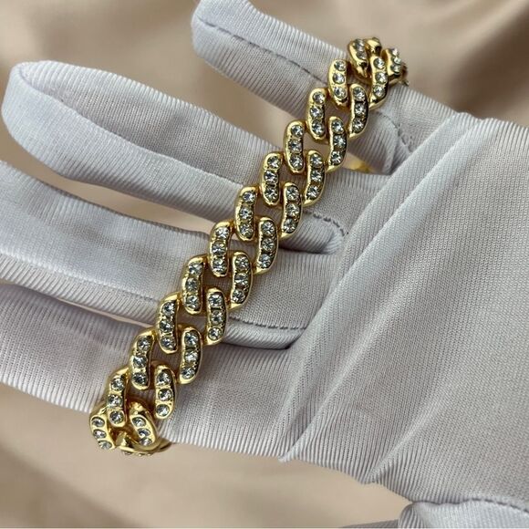 Gold-Tone Cuban Link Chain Necklace with Rhinestones - Picture 3 of 10